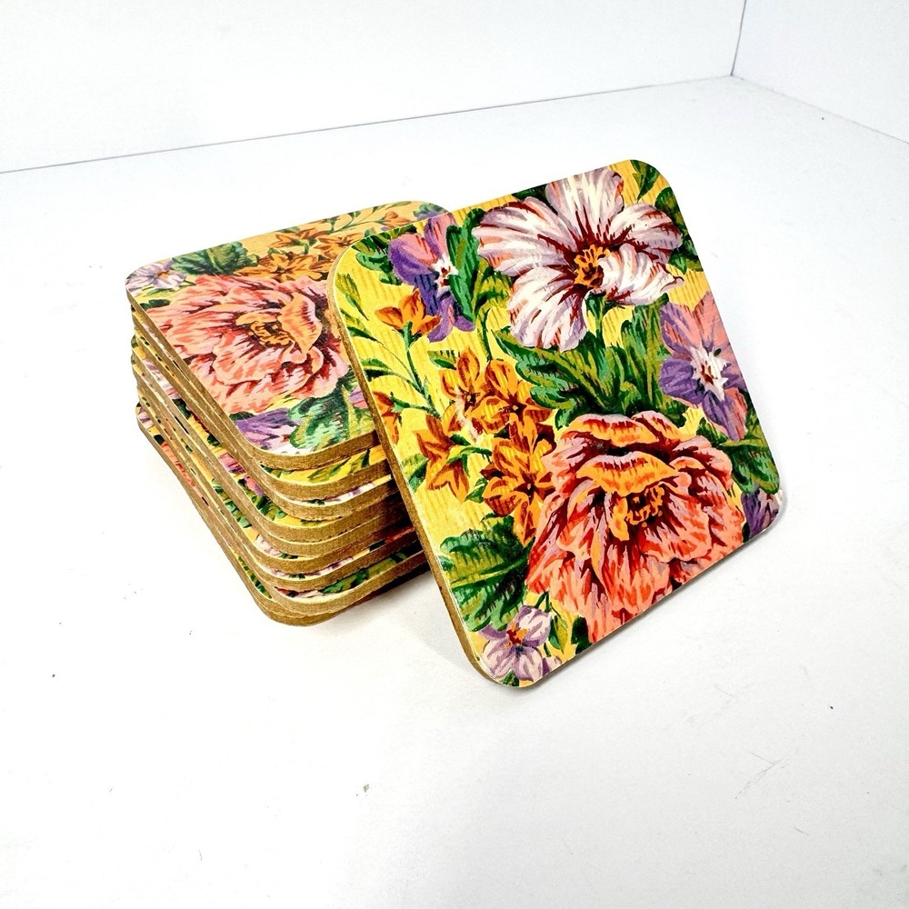 Floral Cork Backed Drink Coasters Set of 10 Square Colorful Flower Print